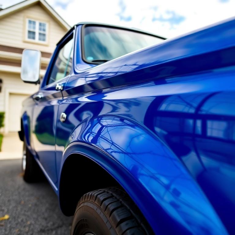 Deep blue truck with mirror-like polished paintwork parked outside a house