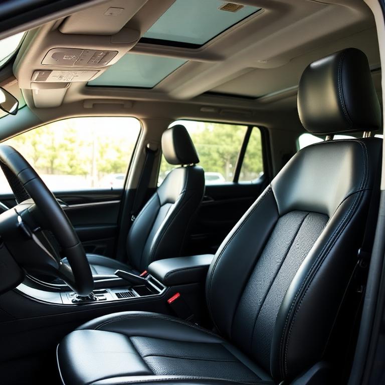 Clean black leather SUV interior with panoramic sunroof